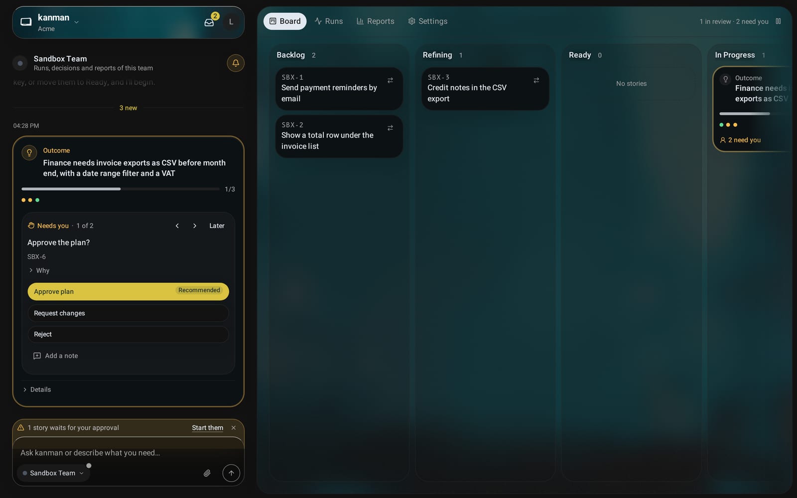 The team's chat with kanman beside its board: updates about runs with their stage and cost, the evidence of a finished run and a decision with kanman's recommendation and its options