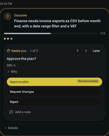 kanman asks in the conversation: approve the plan for a story? With kanman's recommendation and the options Approve plan, Request changes and Reject